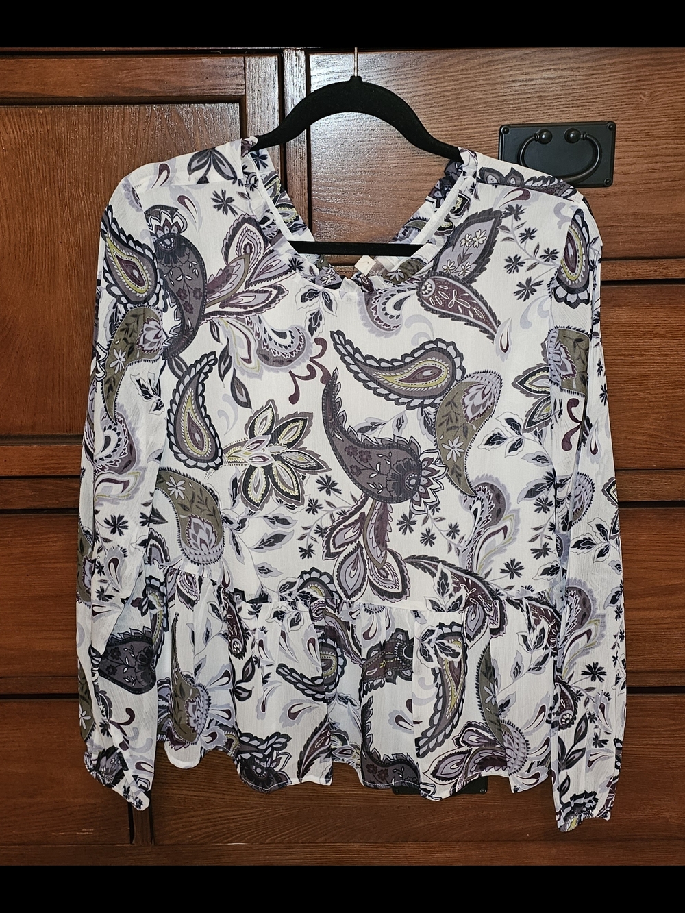 LOFT White Paisley Peplum Blouse with Purple & Olive Accents